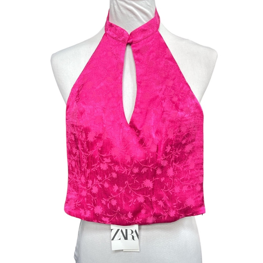 Zara Floral Halter Cropped Top Hot Pink Fuchsia Size XSmall
